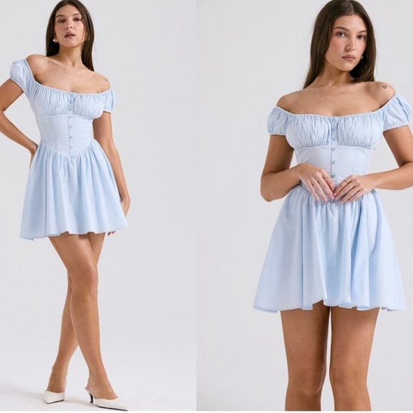House of CB Nala Dress Light Blue Puffer Sleeve Mini Summer - Picture 3 of 10